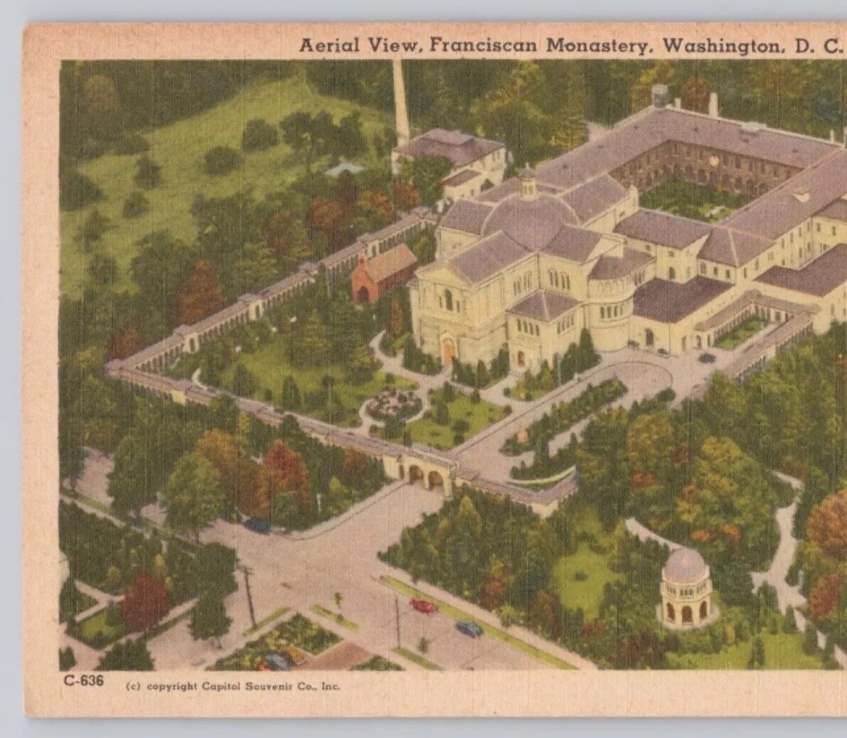 Aerial View, Franciscan Monastery, Wash DC c1945 Vintage Linen Postcard Unposted