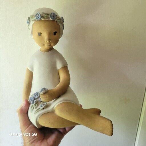 Vintage Large Signed Elaine Carlock Seated Girl with Flower Crown Statue Figure