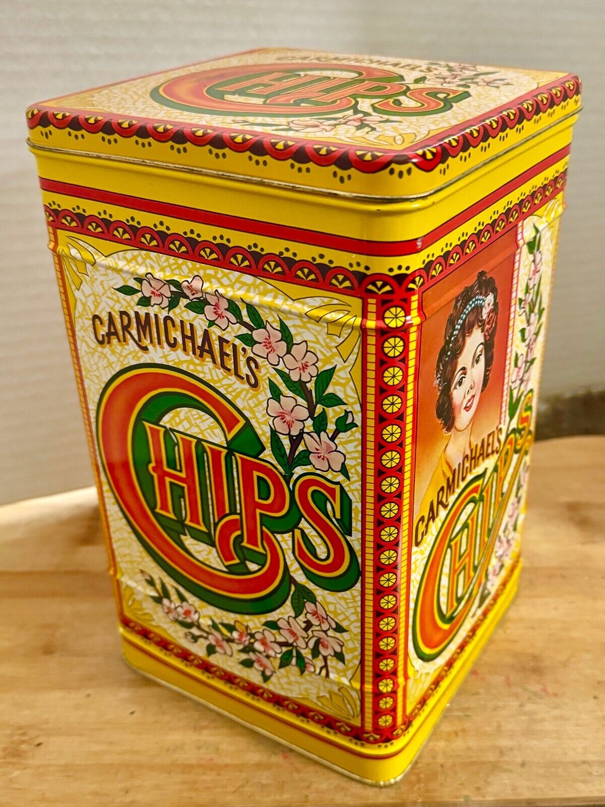 Vintage 1980s Carmichael\'s Chips Tin with Hinged Lid