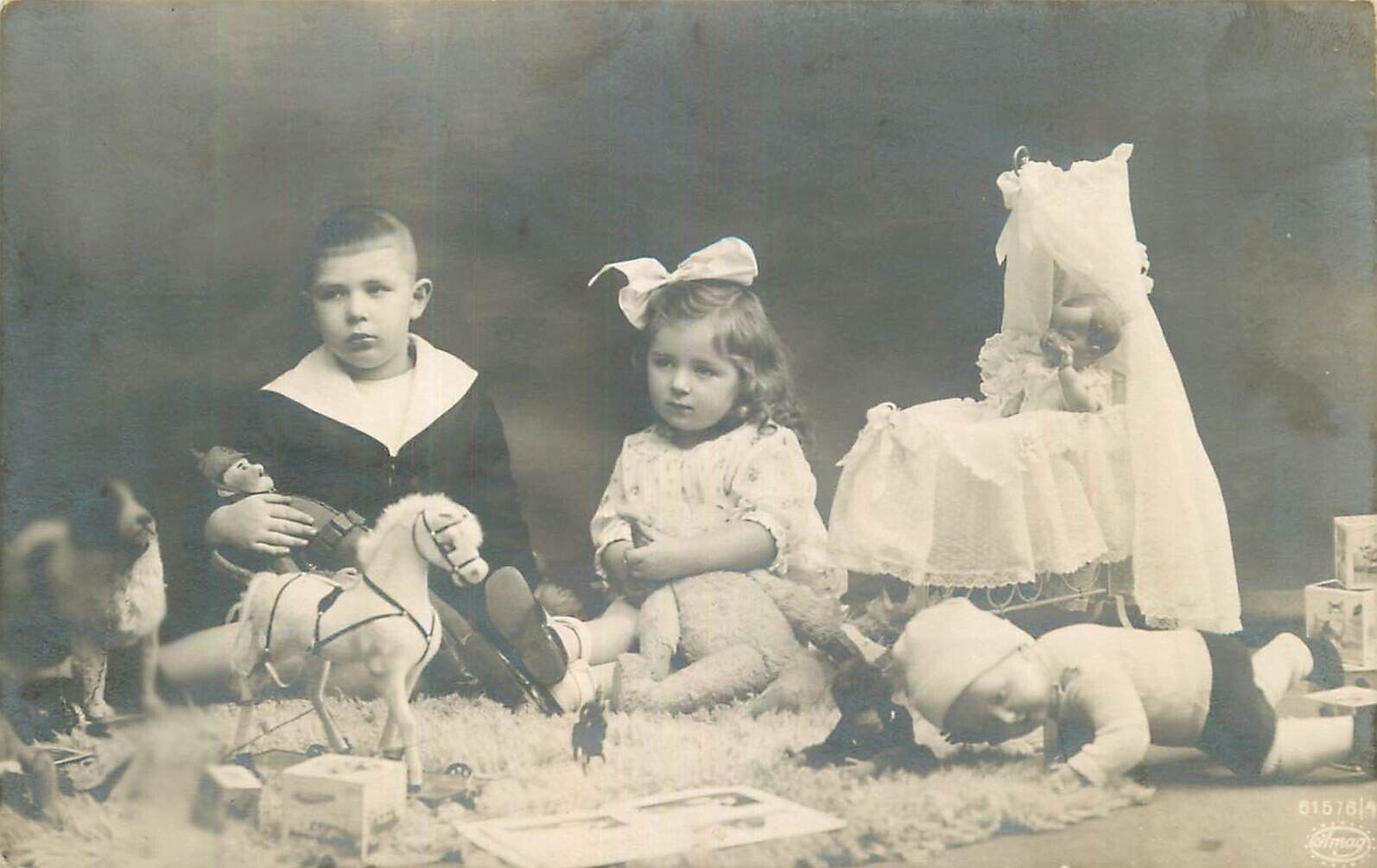 Real Photo Postcard Little Boy & Girl w/ Wonderful Toys, Dolls