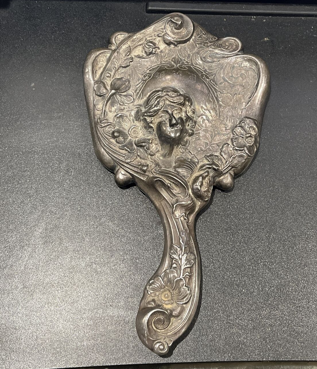 Antique Empire Art Silver Vanity Hand Mirror Art Nouveau Repousse