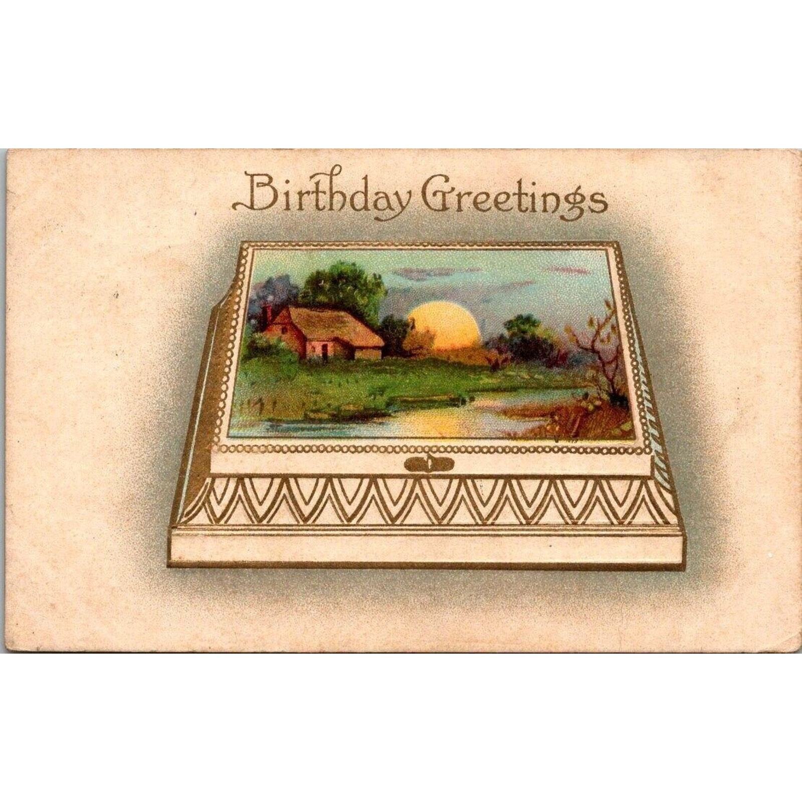 Vintage Postcard Birthday Greetings Jewlery Box Country Scene Postmarked 1912