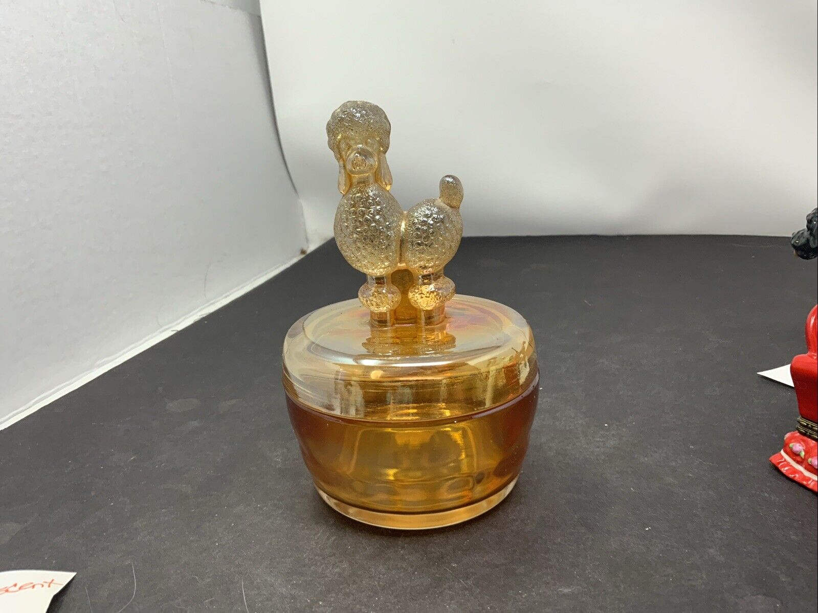 Vintage Jeanette Glass Poodle Trinket Box /Powder Jar Iridescent 