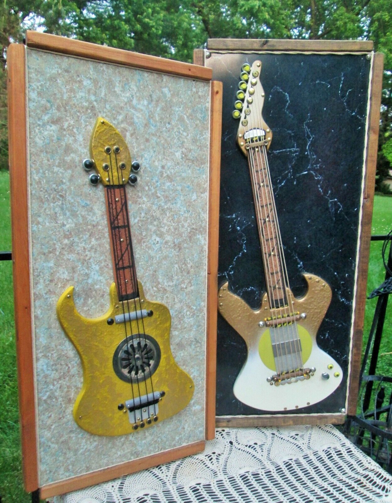 MCM Brutalist Mid-century GUITAR wall art Formica Wood and String Funky Pictures