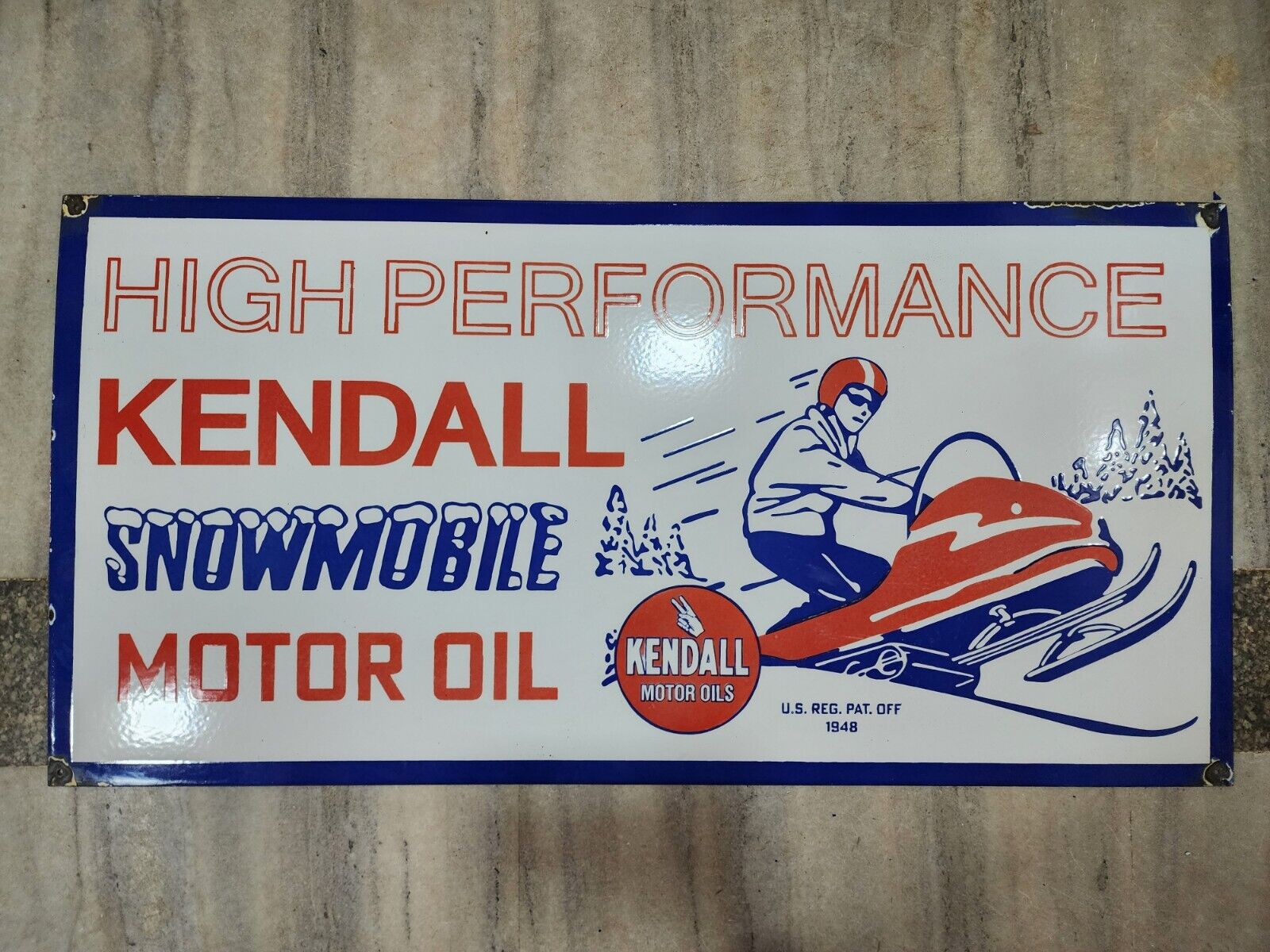 KENDALL SNOWMOBILE PORCELAIN ENAMEL SIGN 48 X 24 INCHES