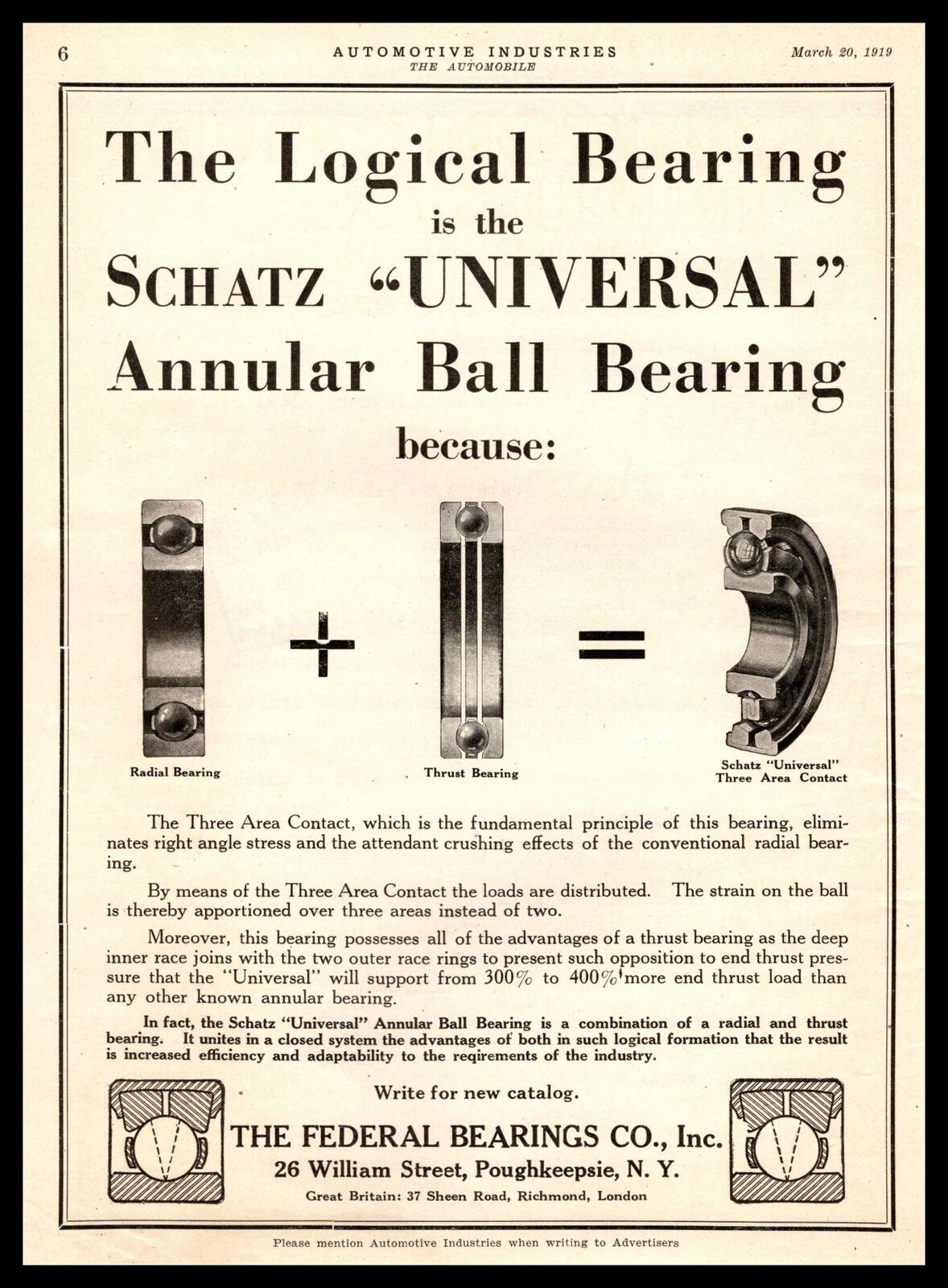 1919 Federal Bearings Poughkeepsie New York Schatz Annular Ball Bearing Print Ad