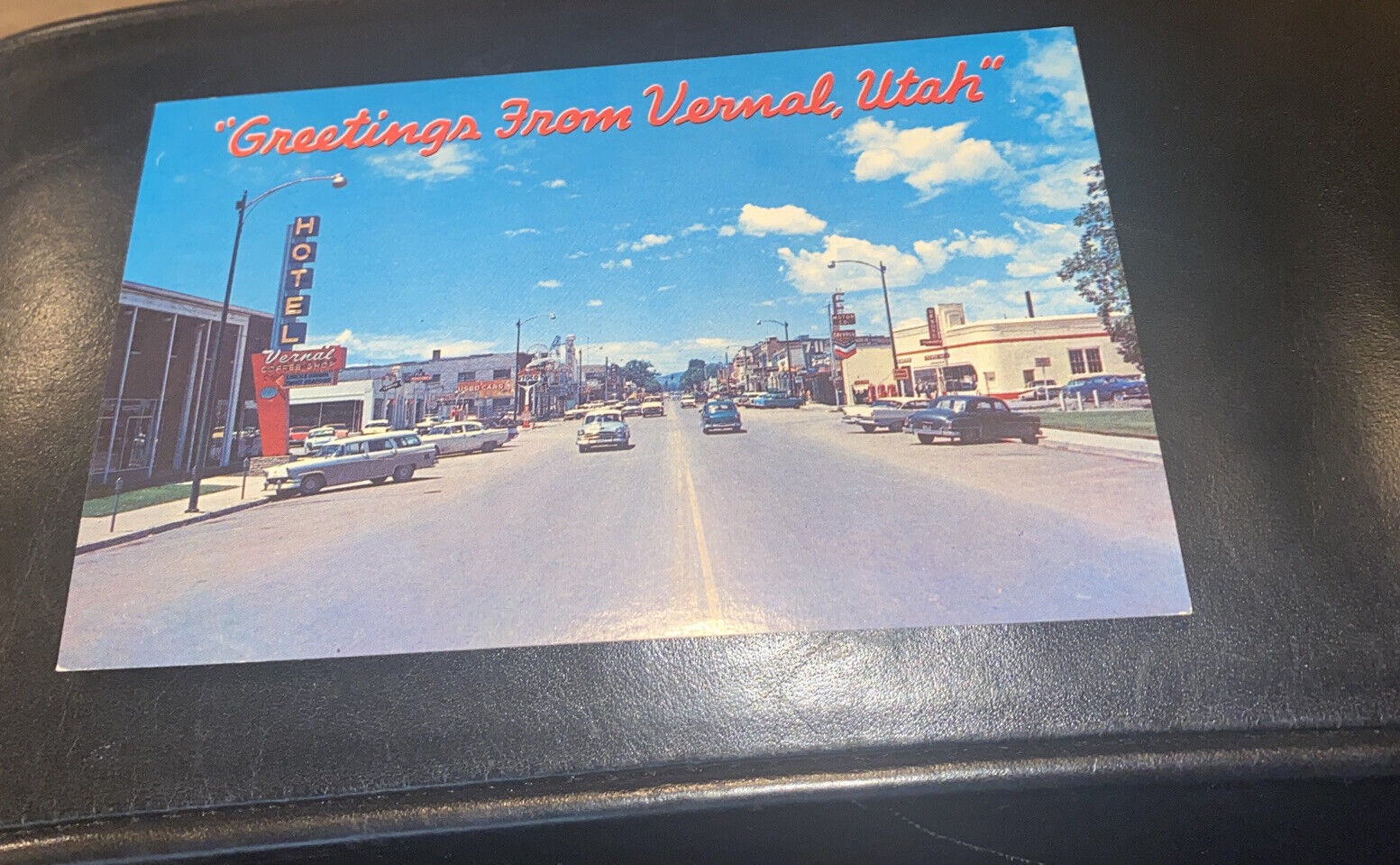 c1950s-60s Greetings from Vernal Utah Vintage Plastichrome Postcard Signage~Cars