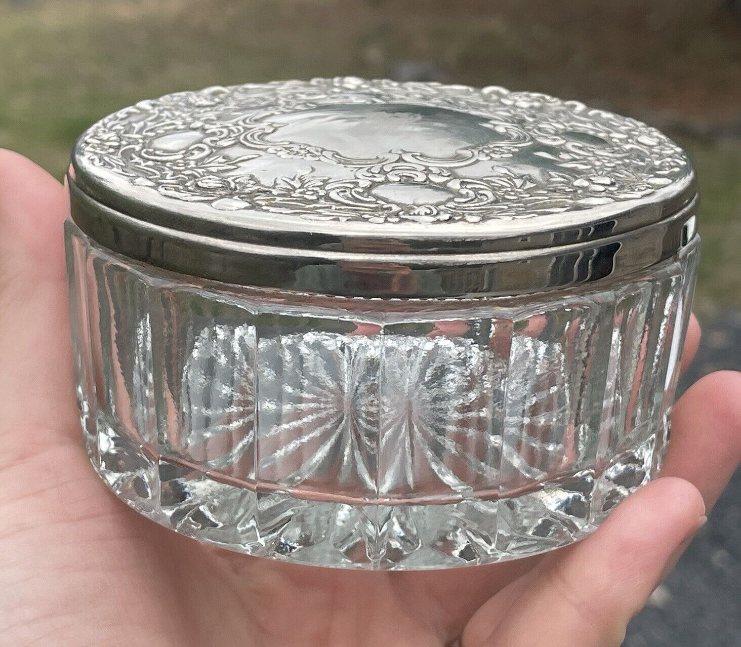 Antique Silverplated Victorian Glass Powder Puff Vanity Dresser Trinket Jar