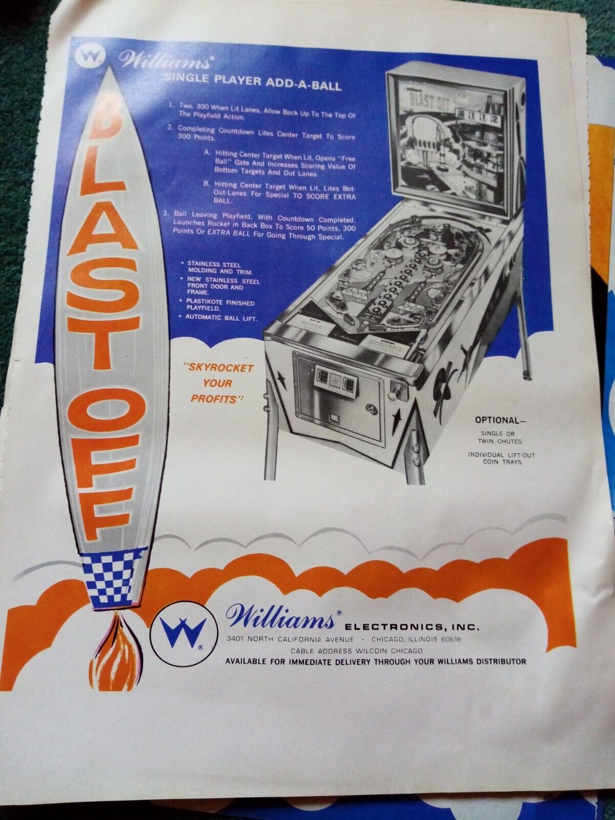 Kvc50  Ephemera pinball machine advert blast off  by Williams 