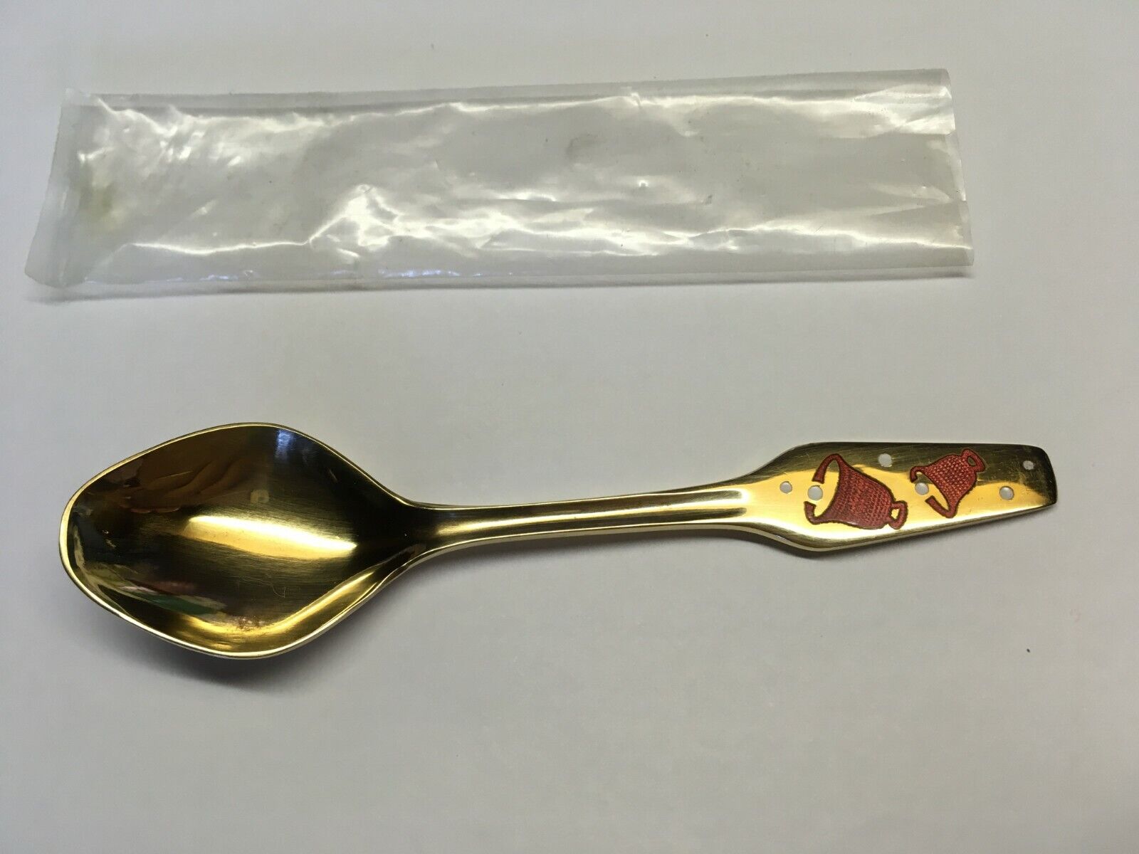 Vintage 1969 Meka Denmark Spoon 4-1/4” Gold Finish with Red Bells