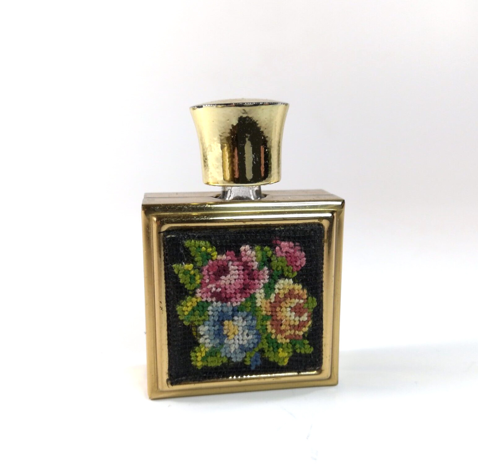 Vintage Gold Metal Frame Roses Needlepoint Mini Perfume Bottle Collectible 2\