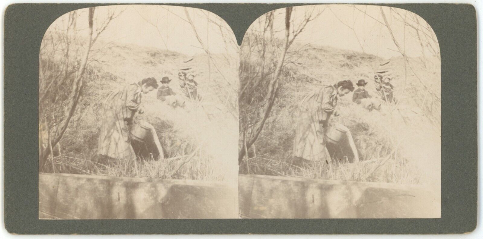 c1900's Real Photo Stereoview Woman Doing Laundry By River With Child Looking On