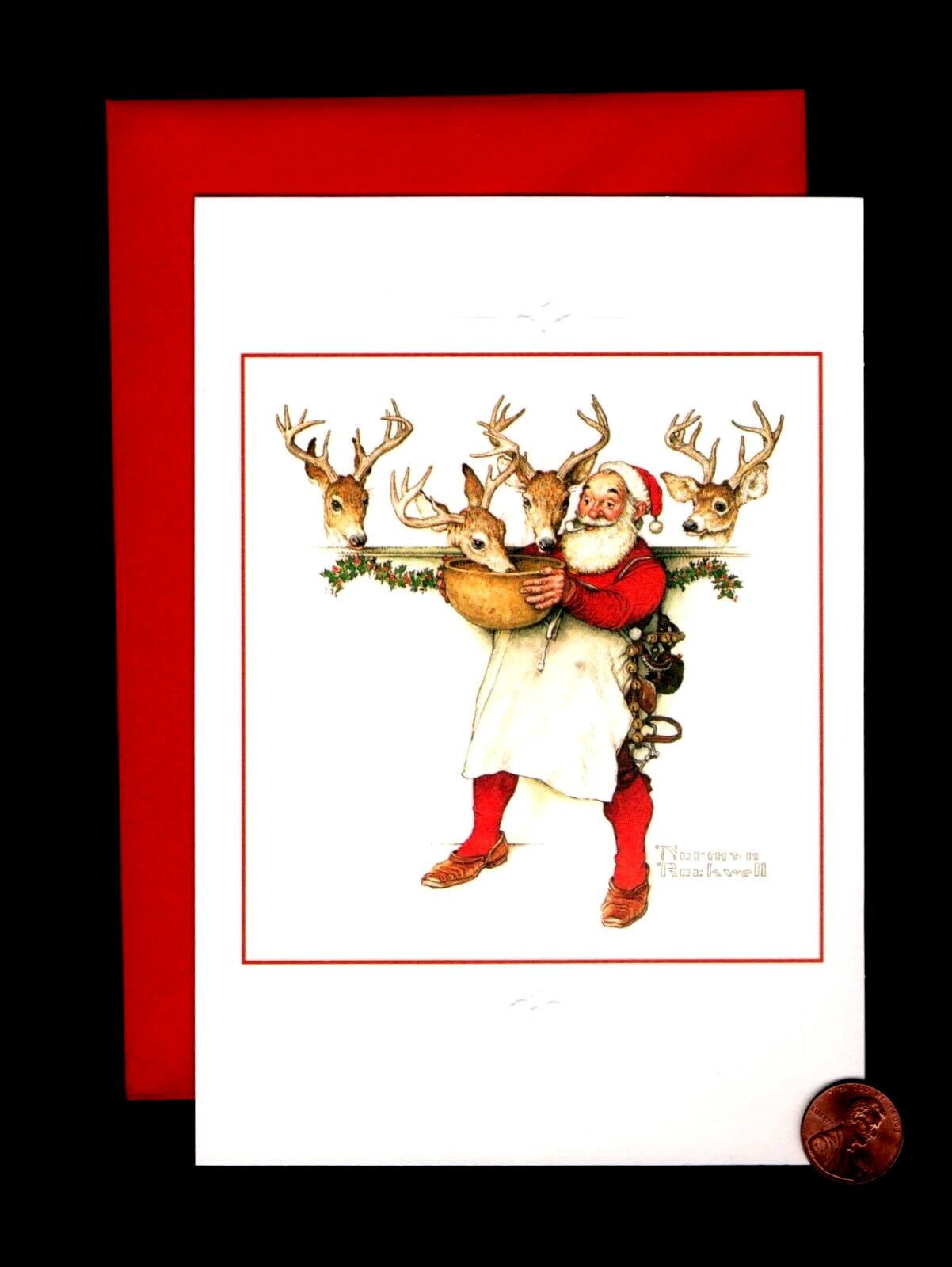 HTF Christmas Santa Deer FROM NORMAN ROCKWELL - EMBOSSED - Greeting Card