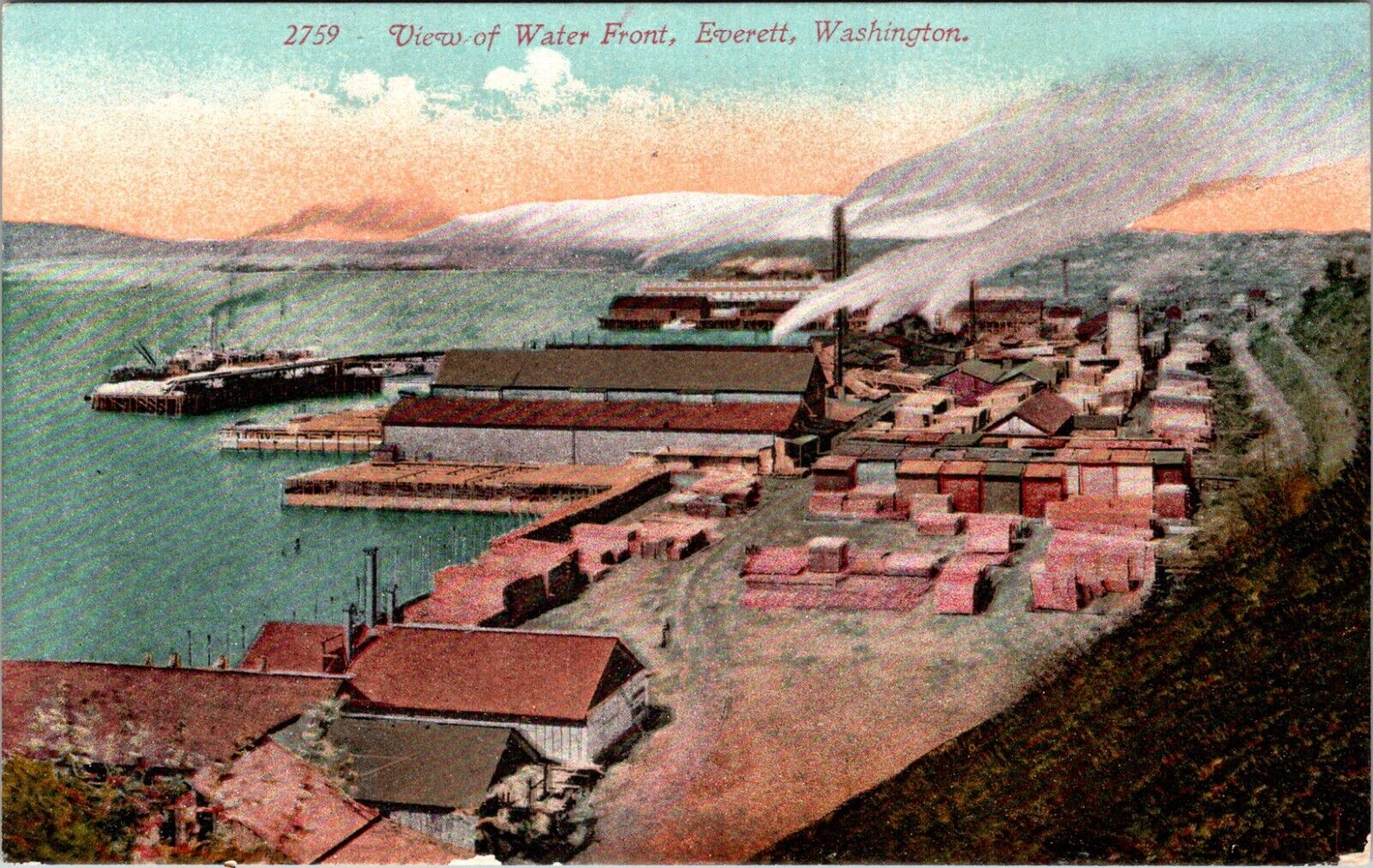 Everett, WA View of the Waterfront and Town 1900s Antique Postcard w90