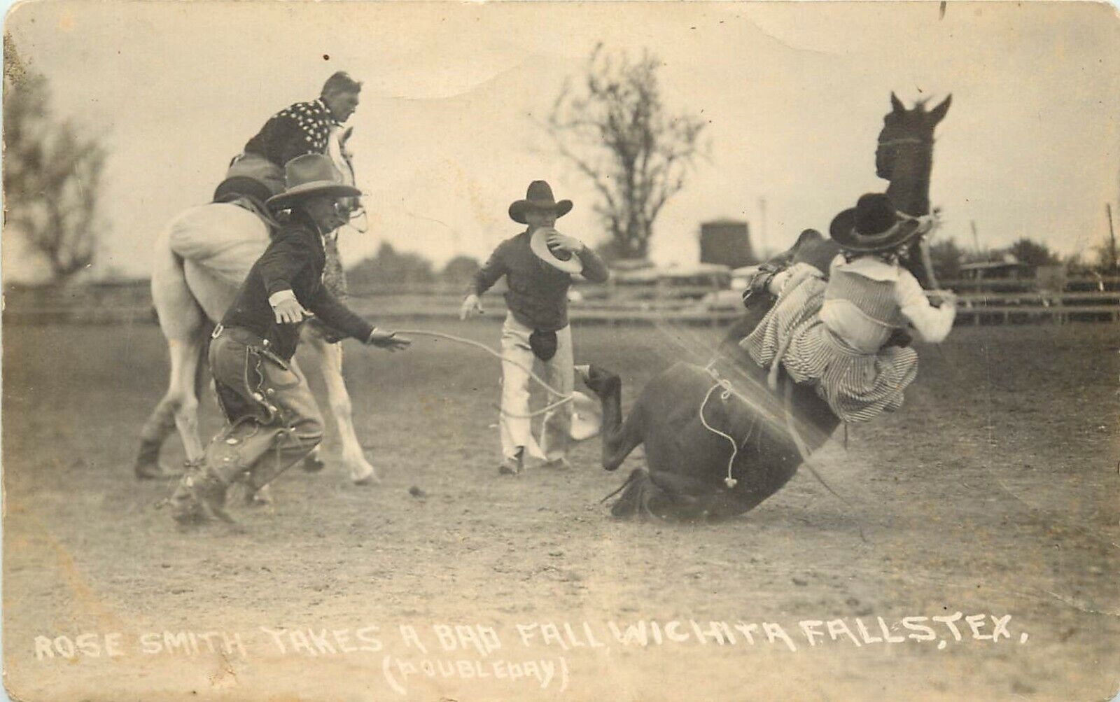 RPPC Postcard Cowgirl Rose Smith Takes a Bad Fall, Wichita Falls TX, Doubleday