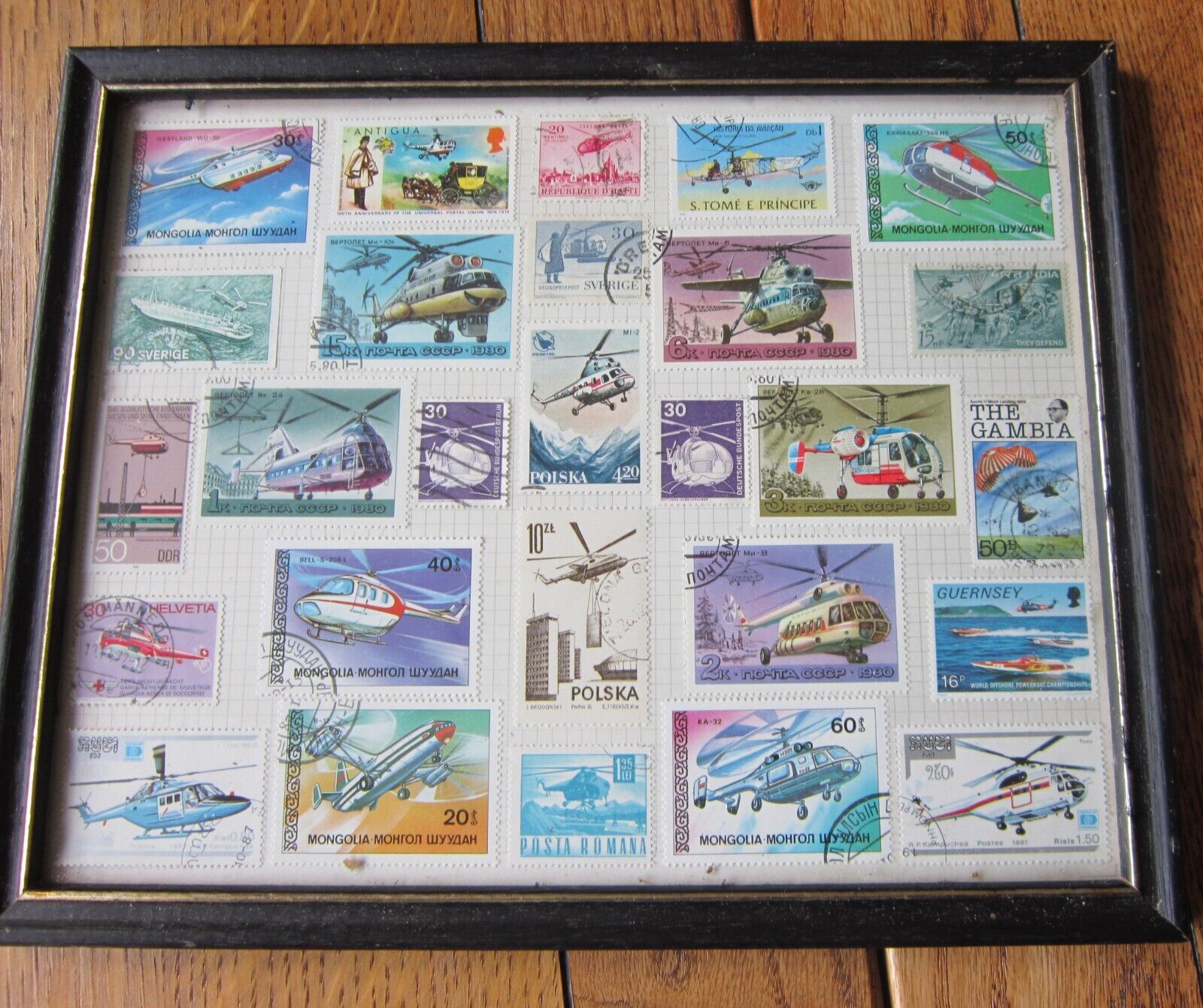 Vintage Framed Helicopter Stamps, Various Dates, Various Countries, Philately