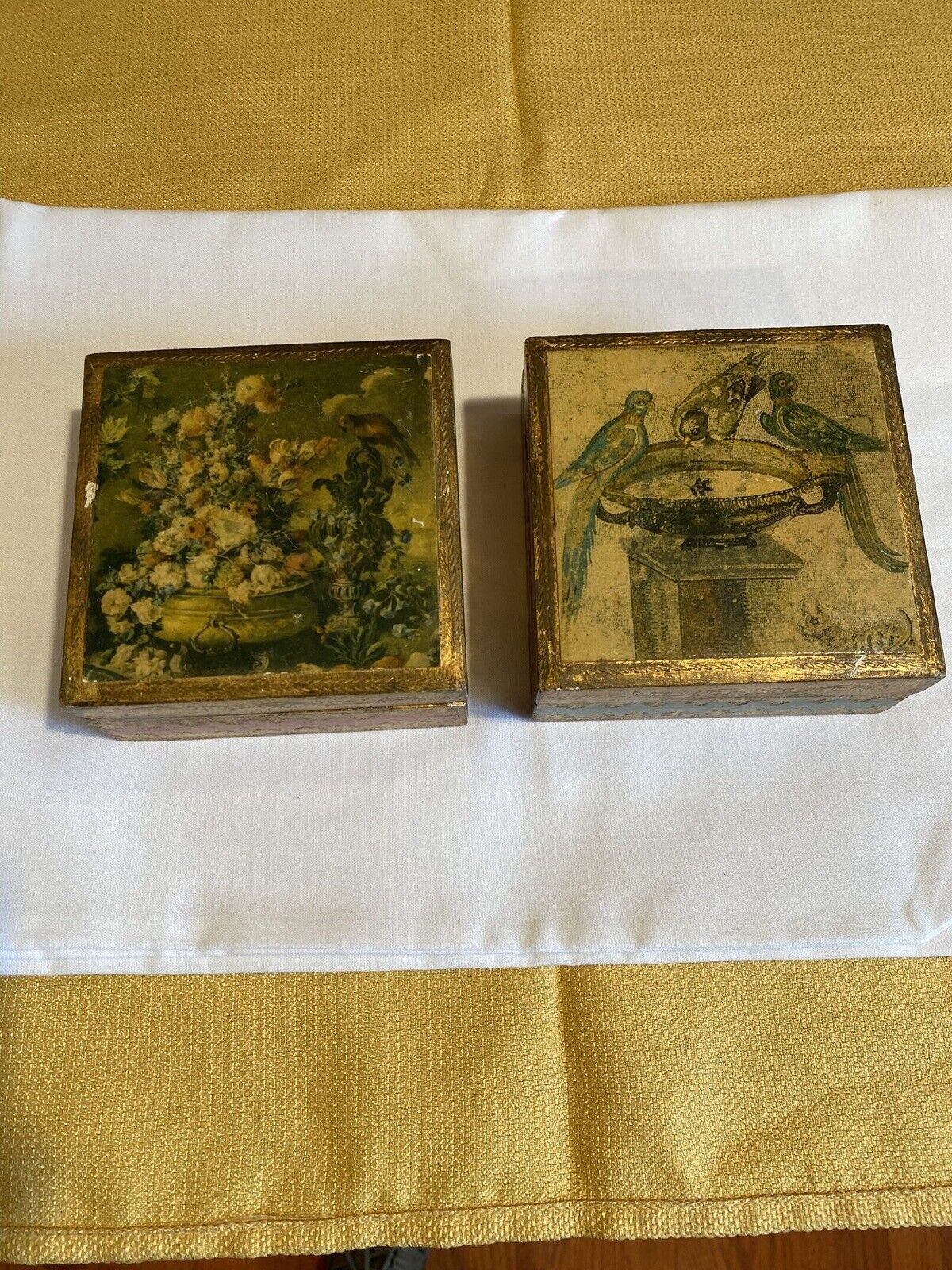 Set Of 2 Vtg Florentine Hand Painted Trinket Boxes Floral & Birds