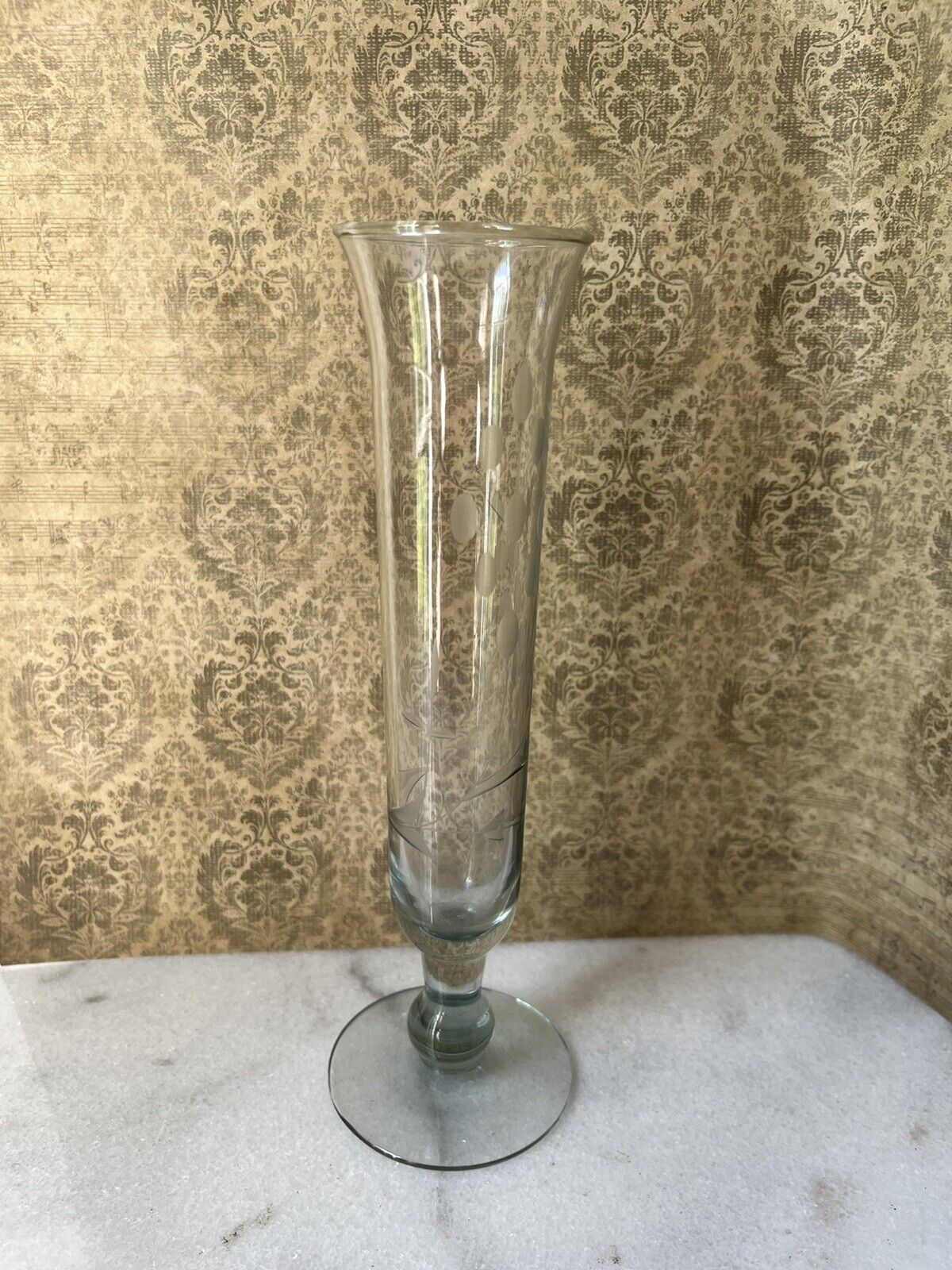 Vintage Simple-but-Classy Clear Etched or Cut Glass Stemmed Flower Bud Vase 7.5”