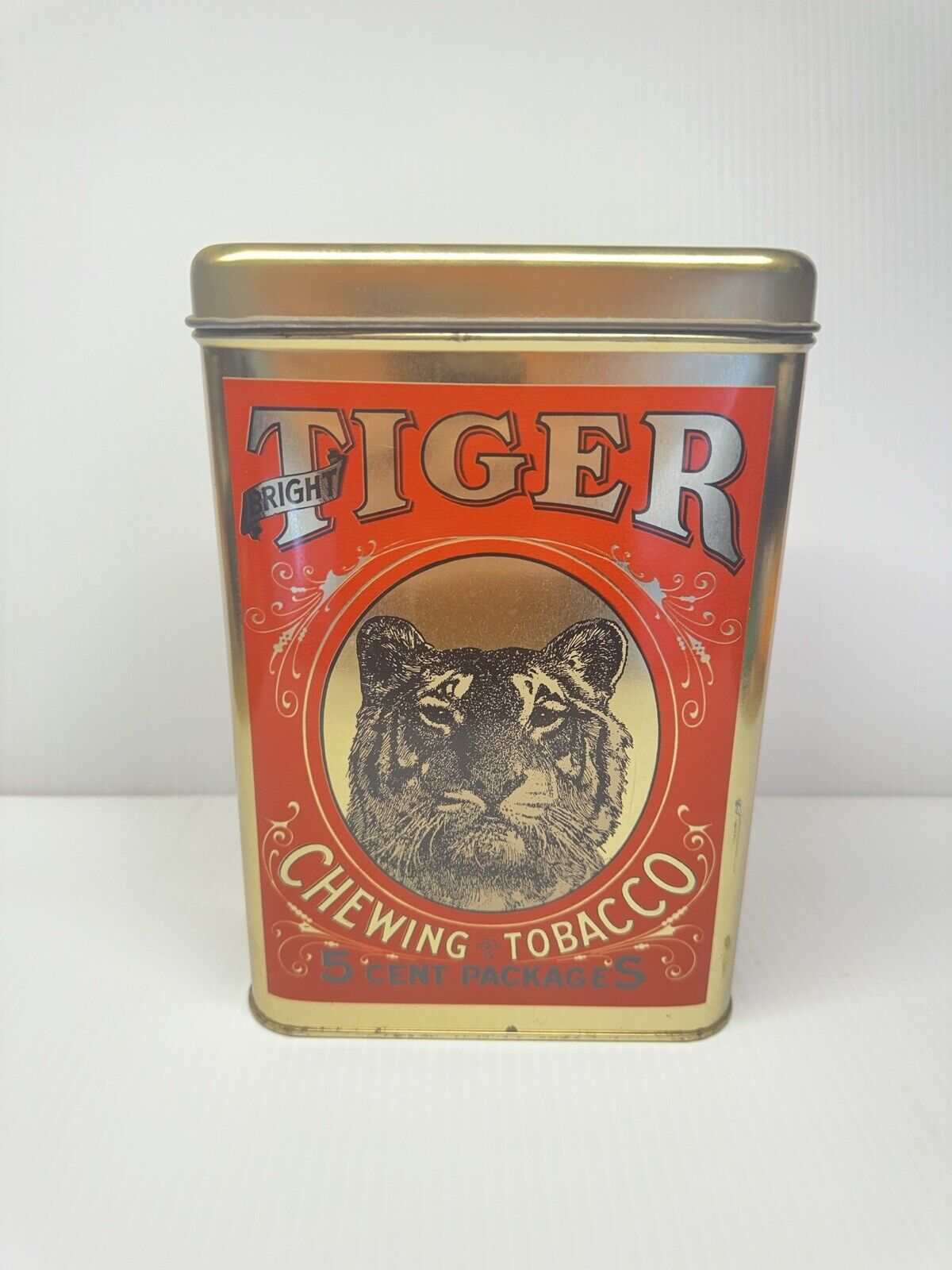 Large Vintage Bright Tiger 5 Cent Fine Cut Chewing Tobacco Tin