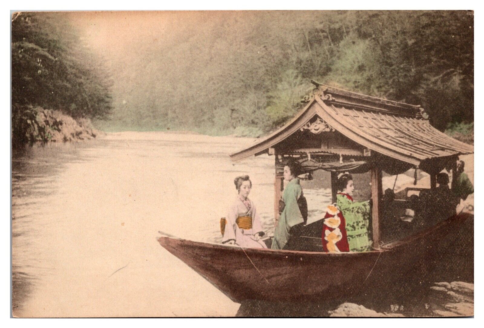 ANTQ Japanese Women in Traditional Dress on a Boat, Japan, Postcard