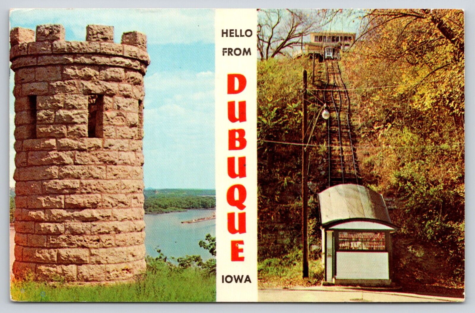 Multiview Hello From Dubuque Iowa Postcard Dubuque Grave & 4th St Cable Elevator