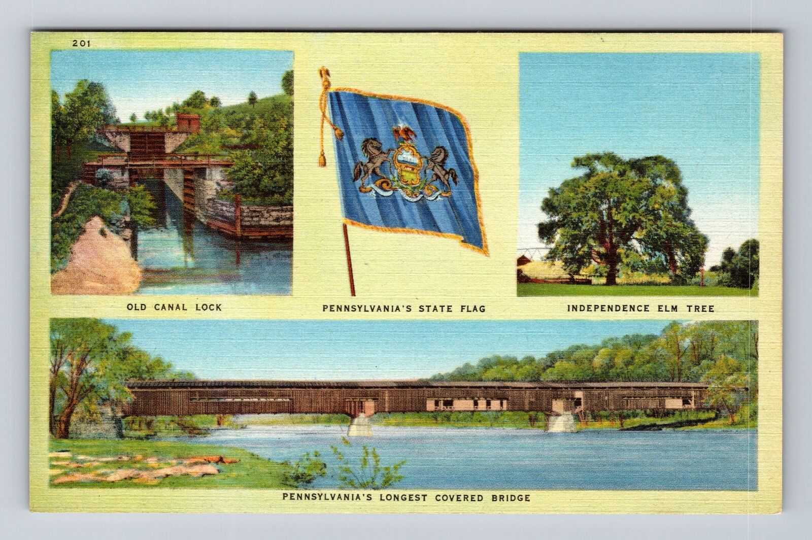 PA- Pennsylvania, Canal, State Flag, Antique, Vintage Postcard