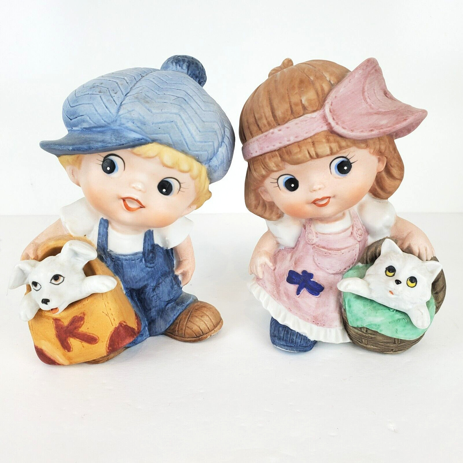Vintage HOMCO Ceramic Little Boy w/ Dog Little Girl w/ Kitten figurine #1439 5\