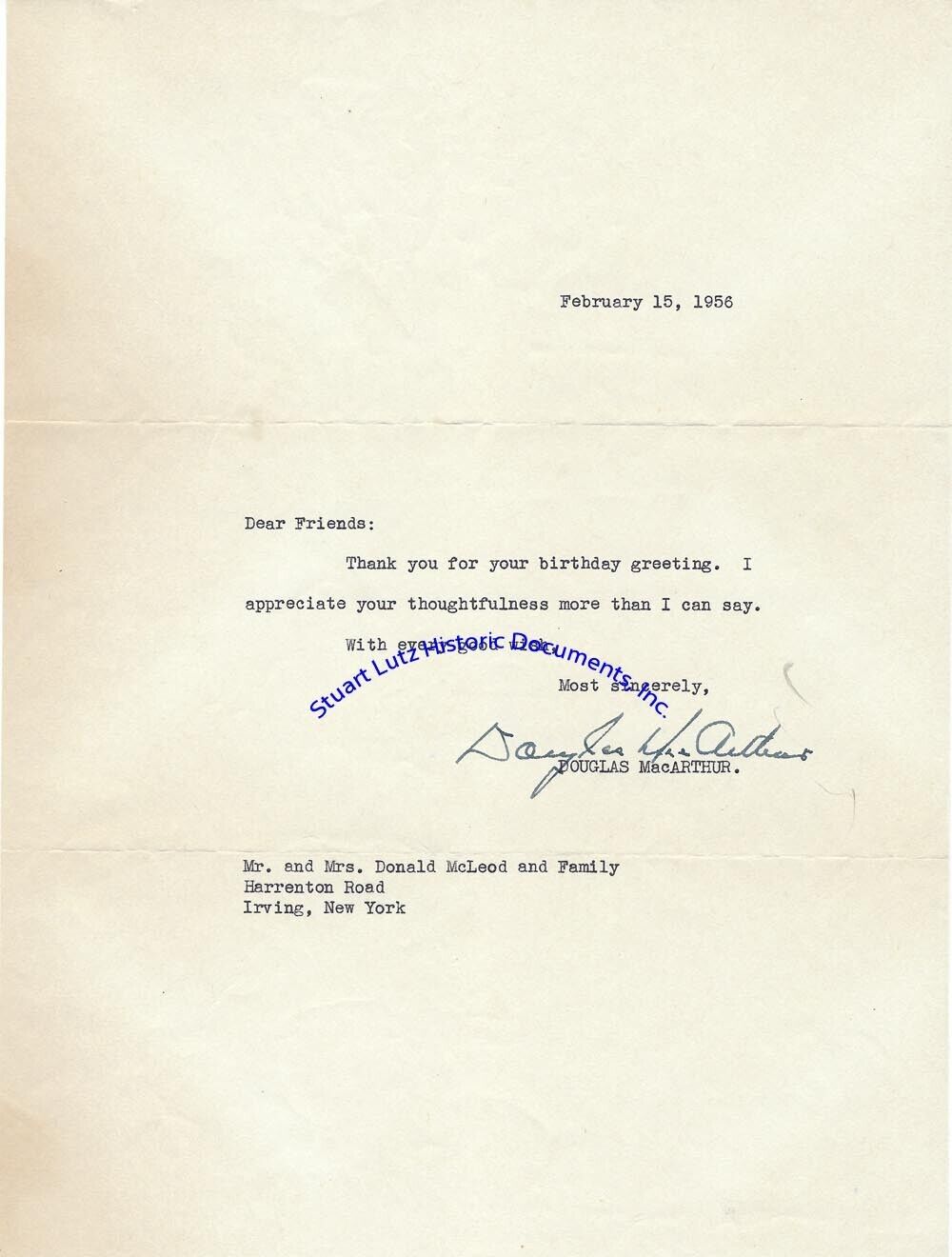 Douglas MacArthur signed letter 1958 - thanks for the birthday wishes