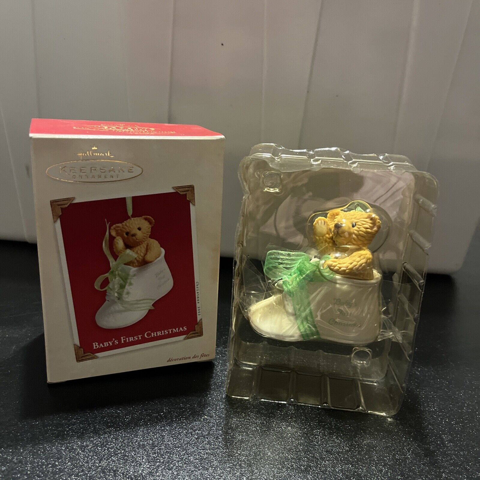2003 Hallmark Keepsake Baby\'s First Christmas Ornament Teddy Bear In Shoe In Box