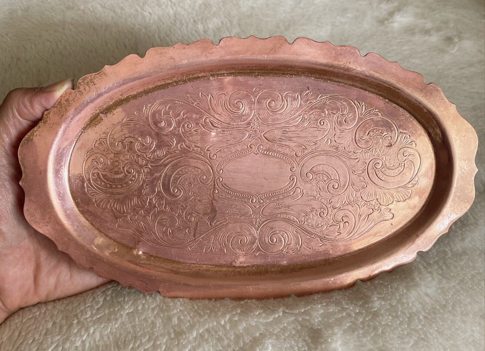 Vtg Hand Detailed Engraved Oval Copper Coffee Tea Shots Drink Serving Tray