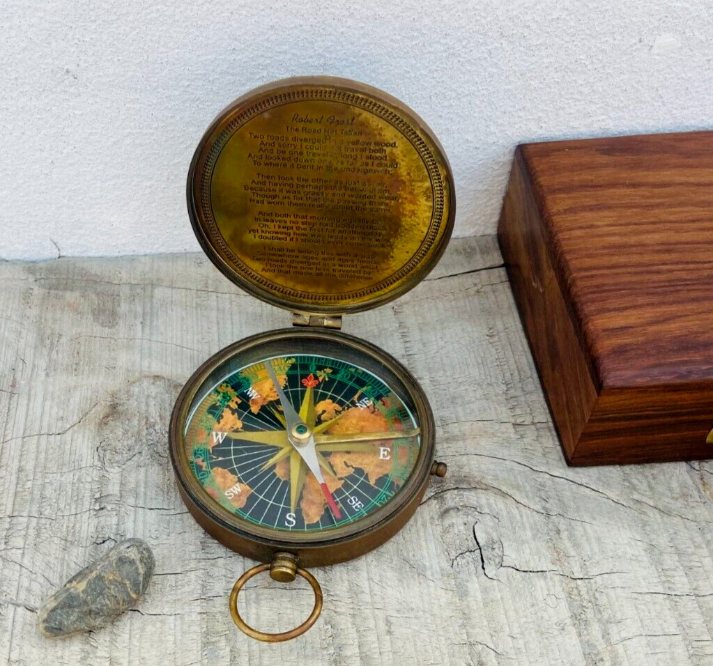 Vintage Nautical Push Button Sundial Antique Brass Compass  3\