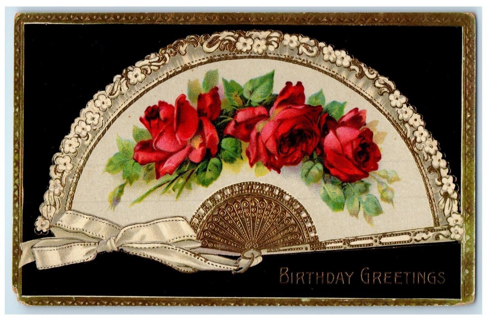 1913 Birthday Greetings Fan Red Roses Design Gel Gold Gilt Antique Postcard