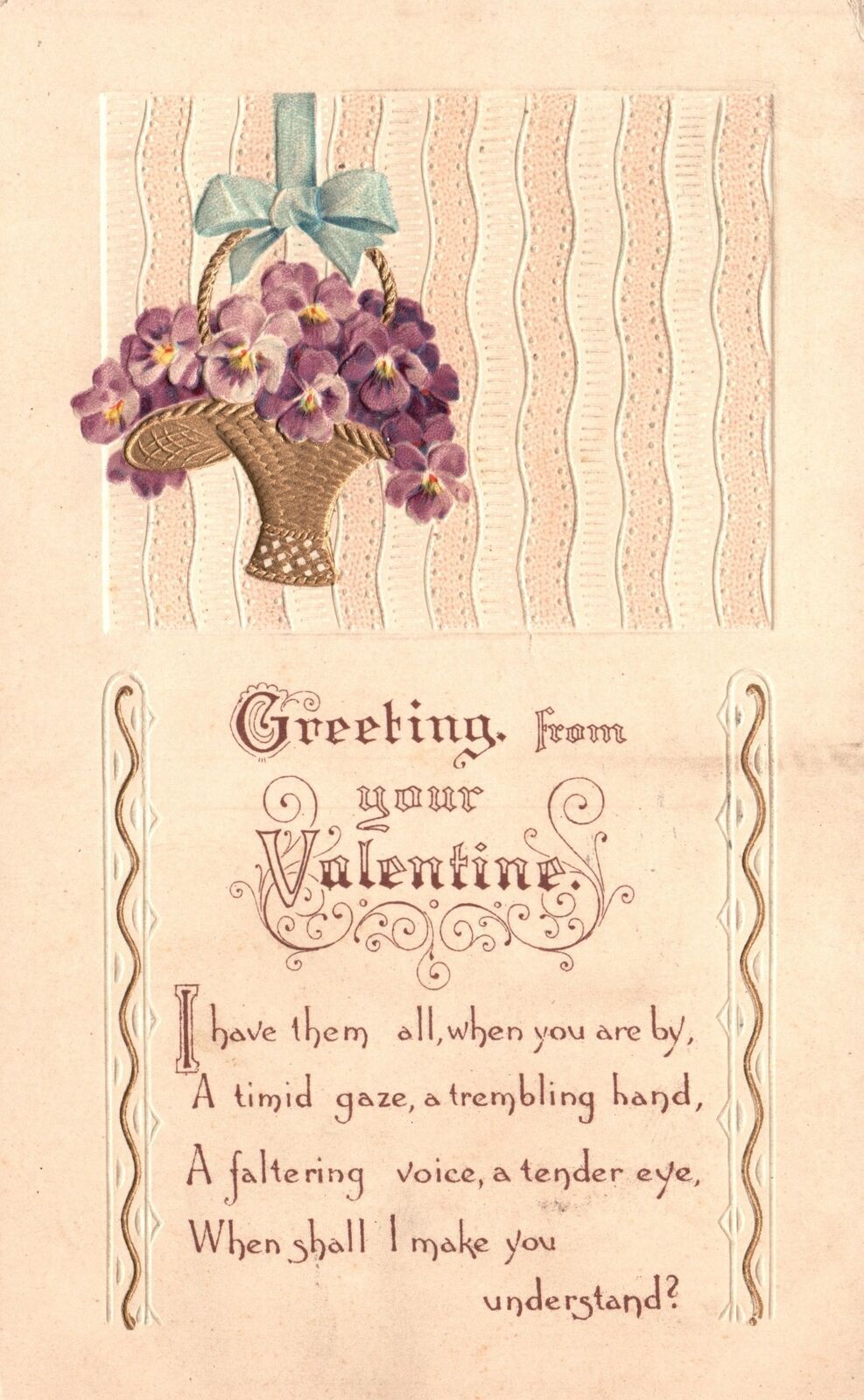 Vintage Postcard 1913 Greeting From Your Valentine Flower Basket Hearts Day
