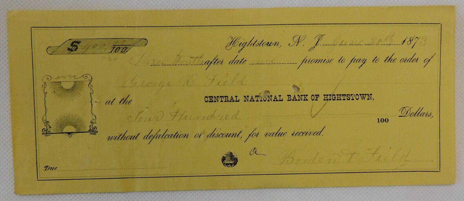Central National Bank of Highstown Cancelled Check June 20, 1873