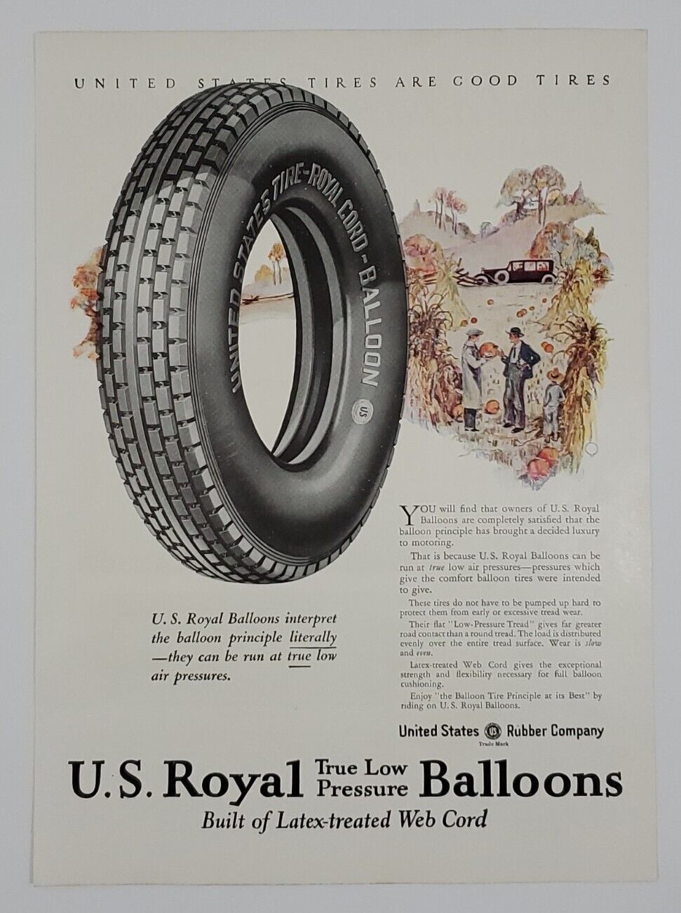 Vintage 1925 Print Ad - U.S. TIRE CO. ROYAL CORD - BALLOONS - Low Pressure Tires