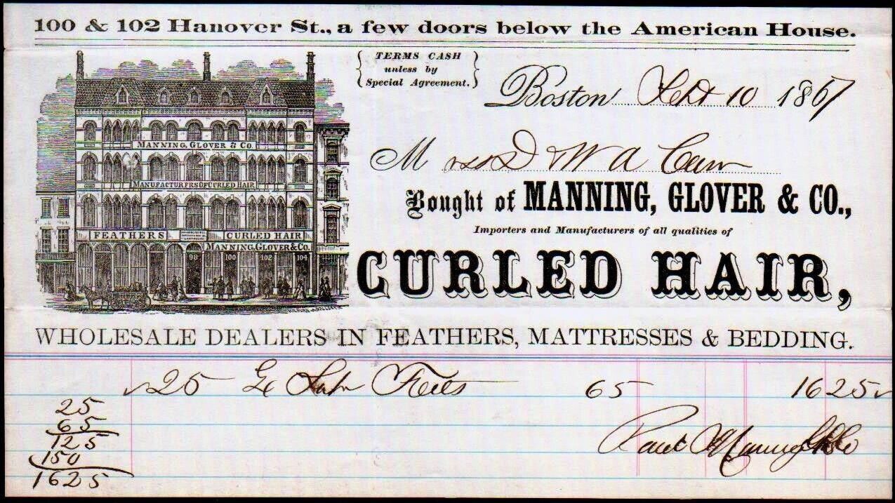 1867 Boston - Manning Glover - Curled Hair - Mattresses - Rare Letter Head Bill