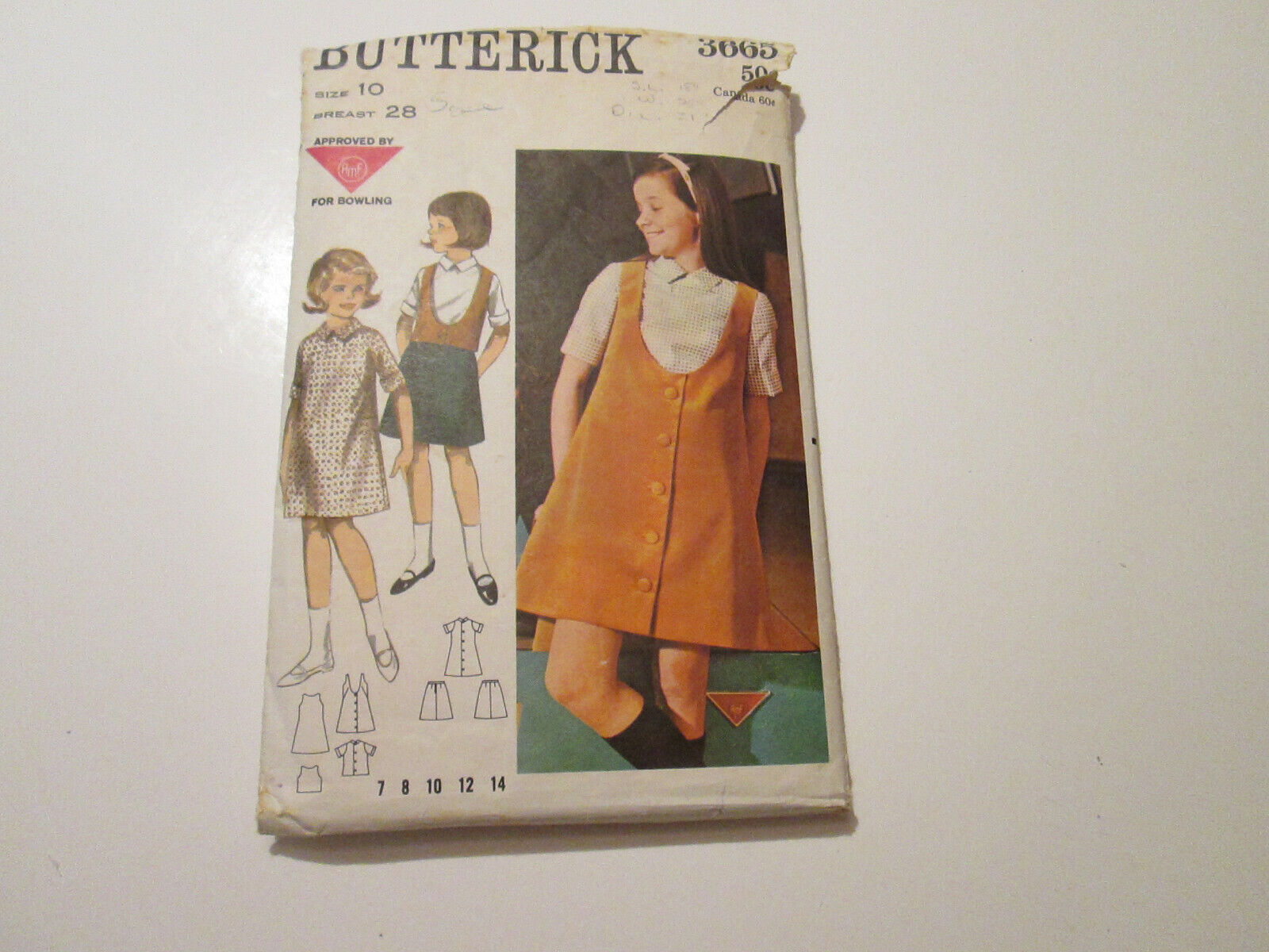 Vtg Butterick Pattern #3665 Girls ALine Dress Jumper AMF Bowling Sz 10 CUT 1965