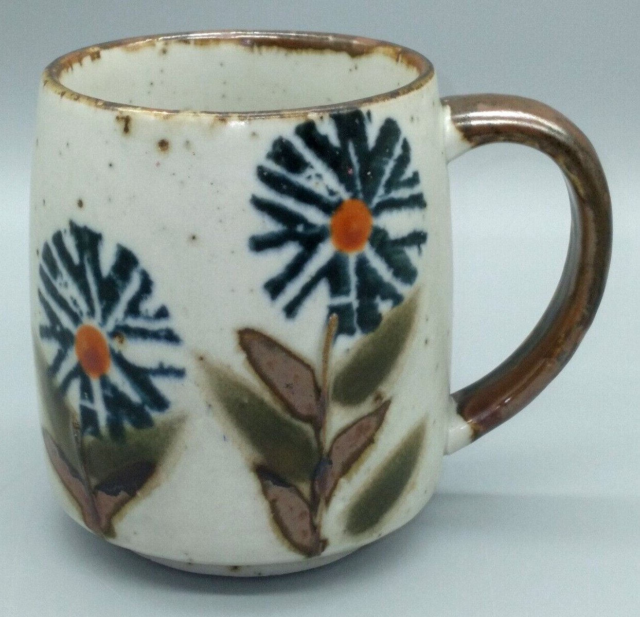 Vintage Speckled Stoneware Mug Blue Flower
