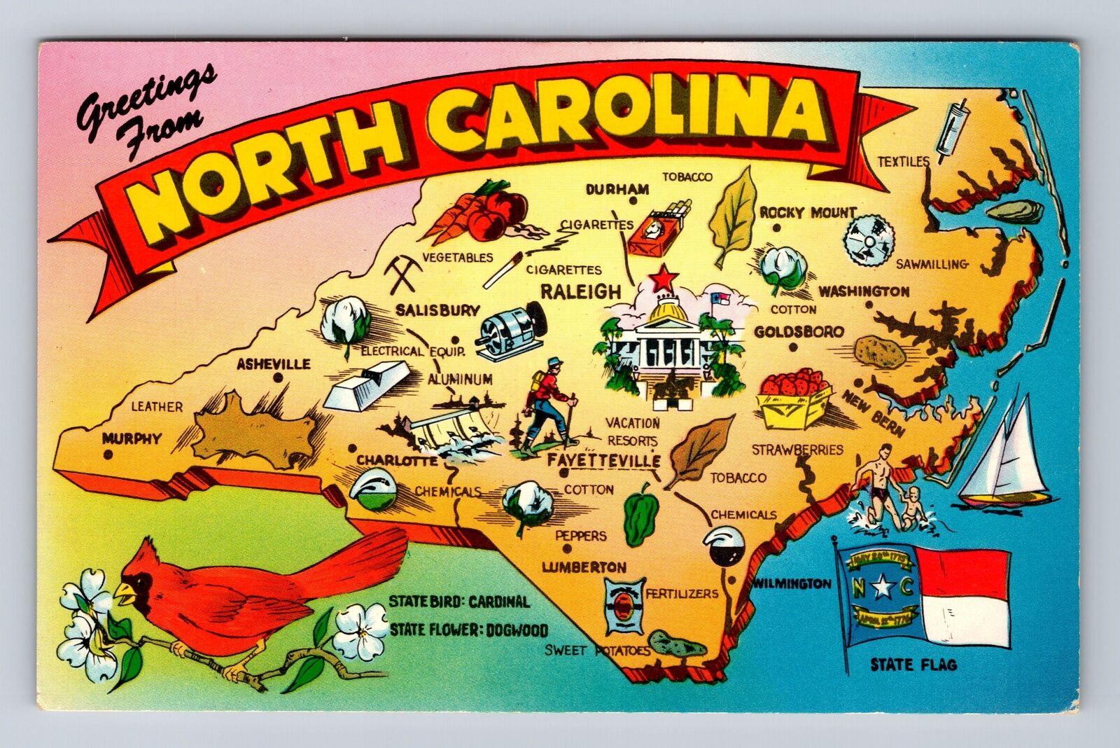 NC-North Carolina, General Landmark Map Greetings, Antique, Vintage Postcard