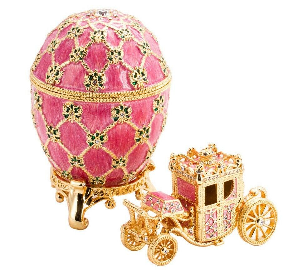 Russian Faberge Egg Replica Jewelry Box Easter Coronation Carriage in Pink