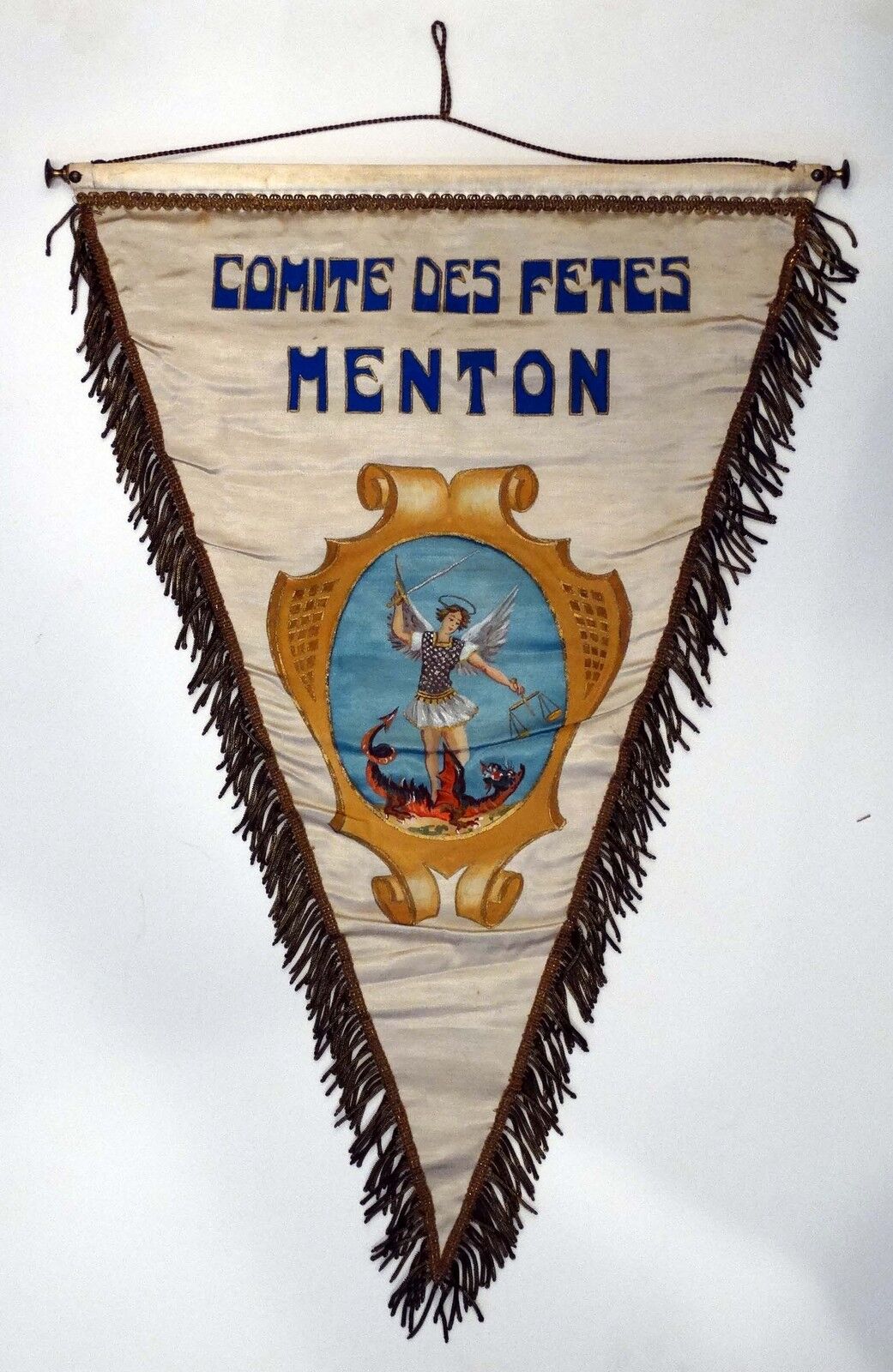 ANTIQUE Vintage MENTON FRANCE Hand Painted COMITE DES FETES Pennant FLAG BANNER