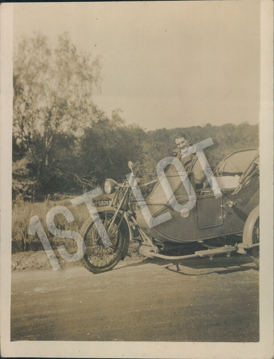 Classic Motorcycle with Sidecar, Vintage 1920s Snapshot Collectible
