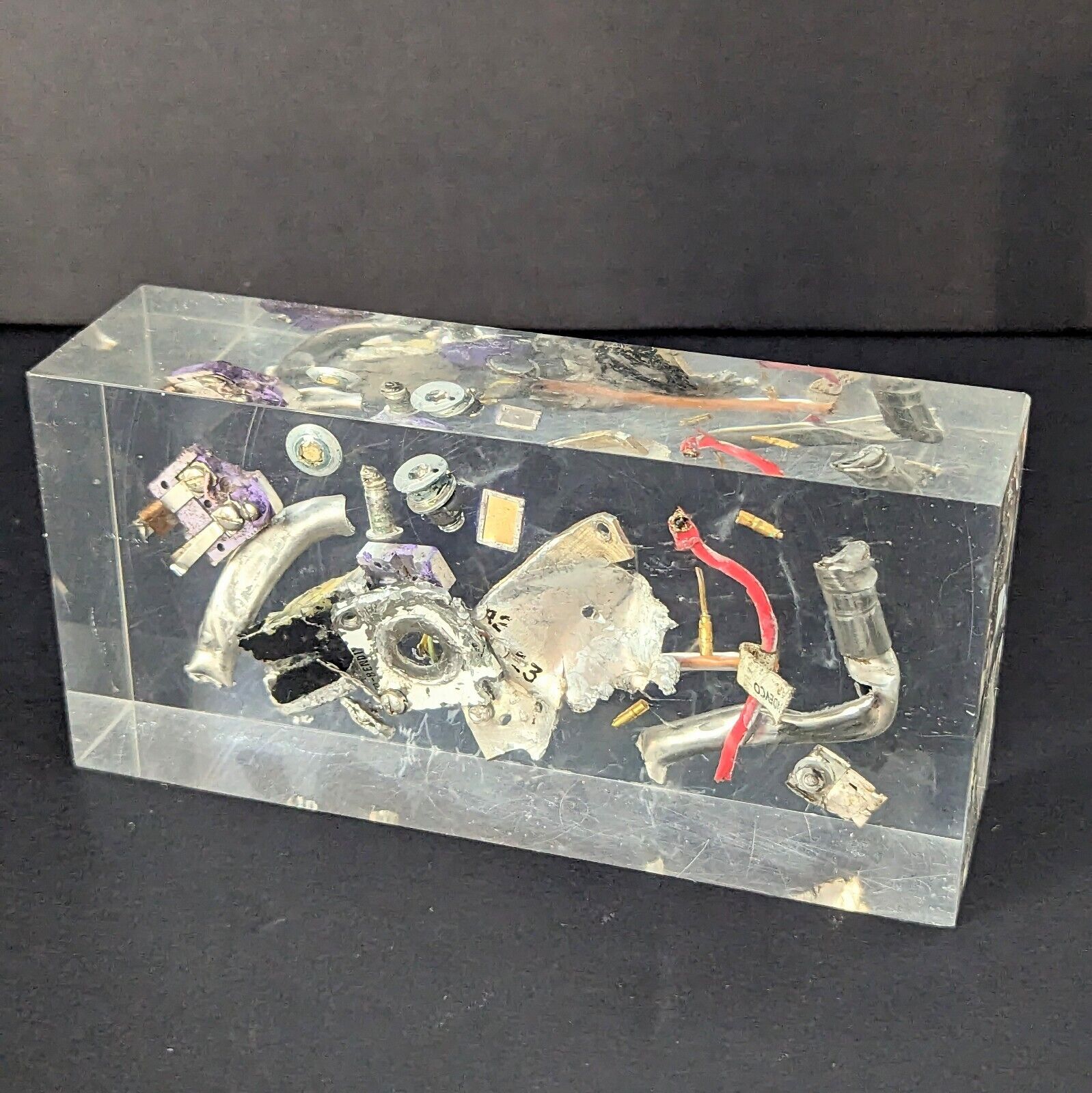 Unique Lucite Paperweight Encased Bendix Electronic Bots Parts 5.75\