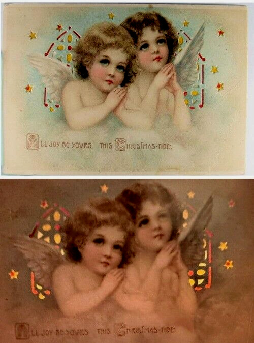 Hold To Light Christmas~Praying Angels ~Antique HTL Xmas~Postcard~h910
