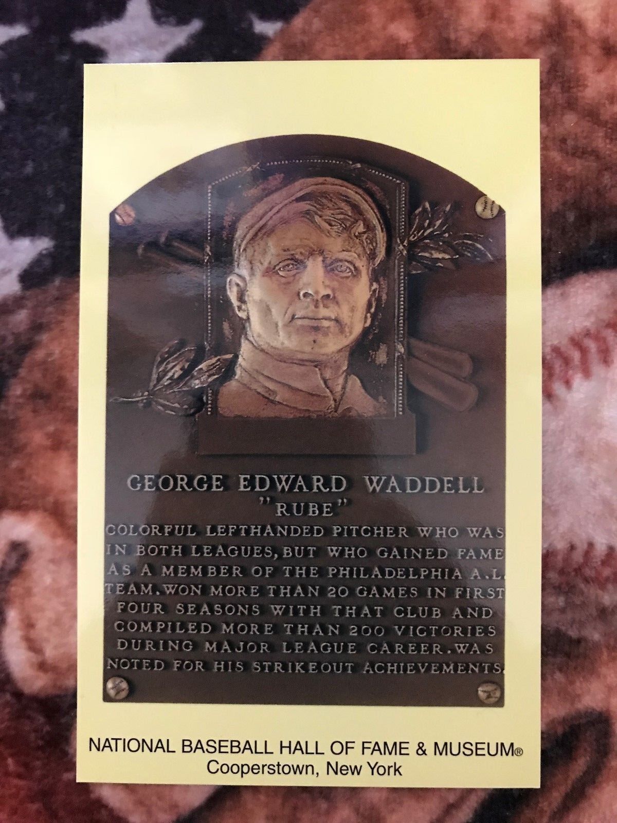 Rube Waddell Postcard- Baseball Hall of Fame Induction Plaque -Cooperstown Photo