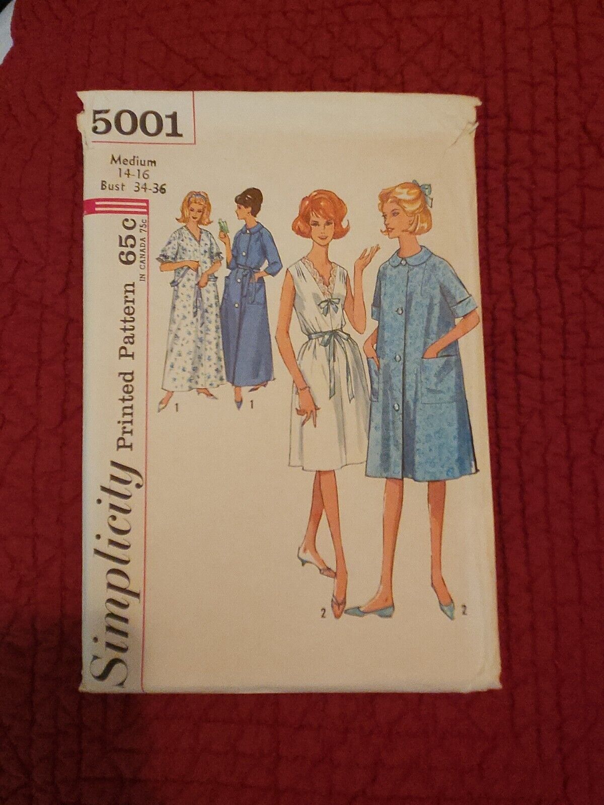 Vintage 1963 Simplicity Sewing Pattern 5001, size 14-16, nightie, robe, 2...