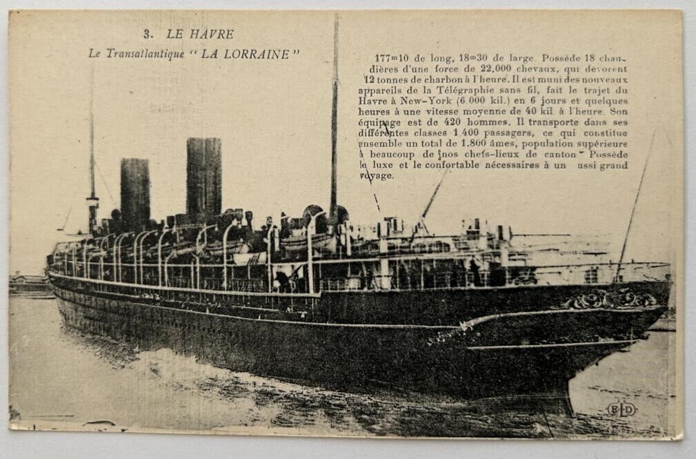 LA LORRAINE (French) Nice port stern photo at sea near Le Havre c1905