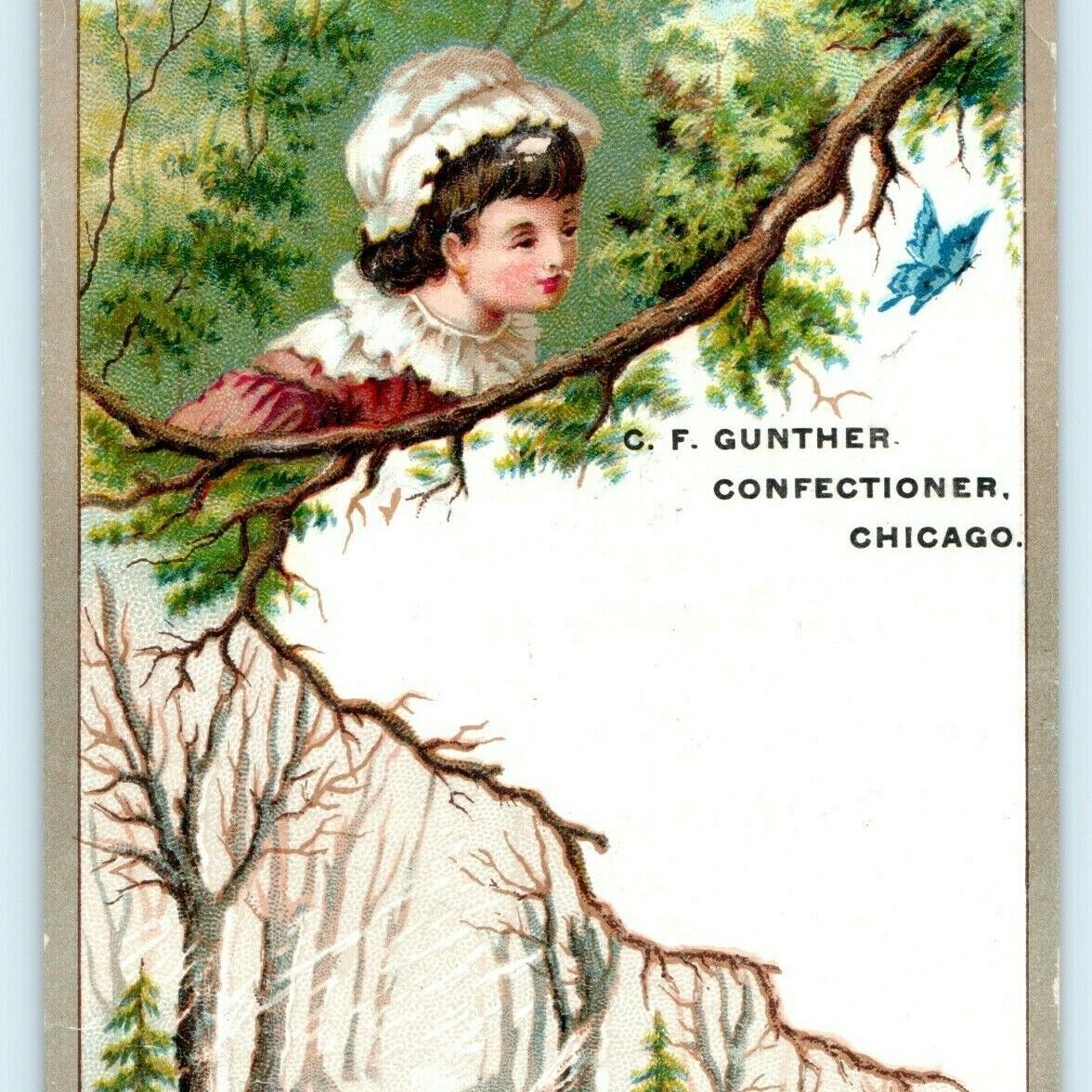 c1880s Chicago CF Gunther Confectioner Candy Embossed Trade Card Girl Winter C9