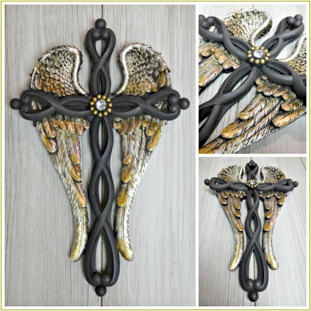 Old World Rustic Western Style Wall Mount CROSS with Angel Wings Decorative 12x8