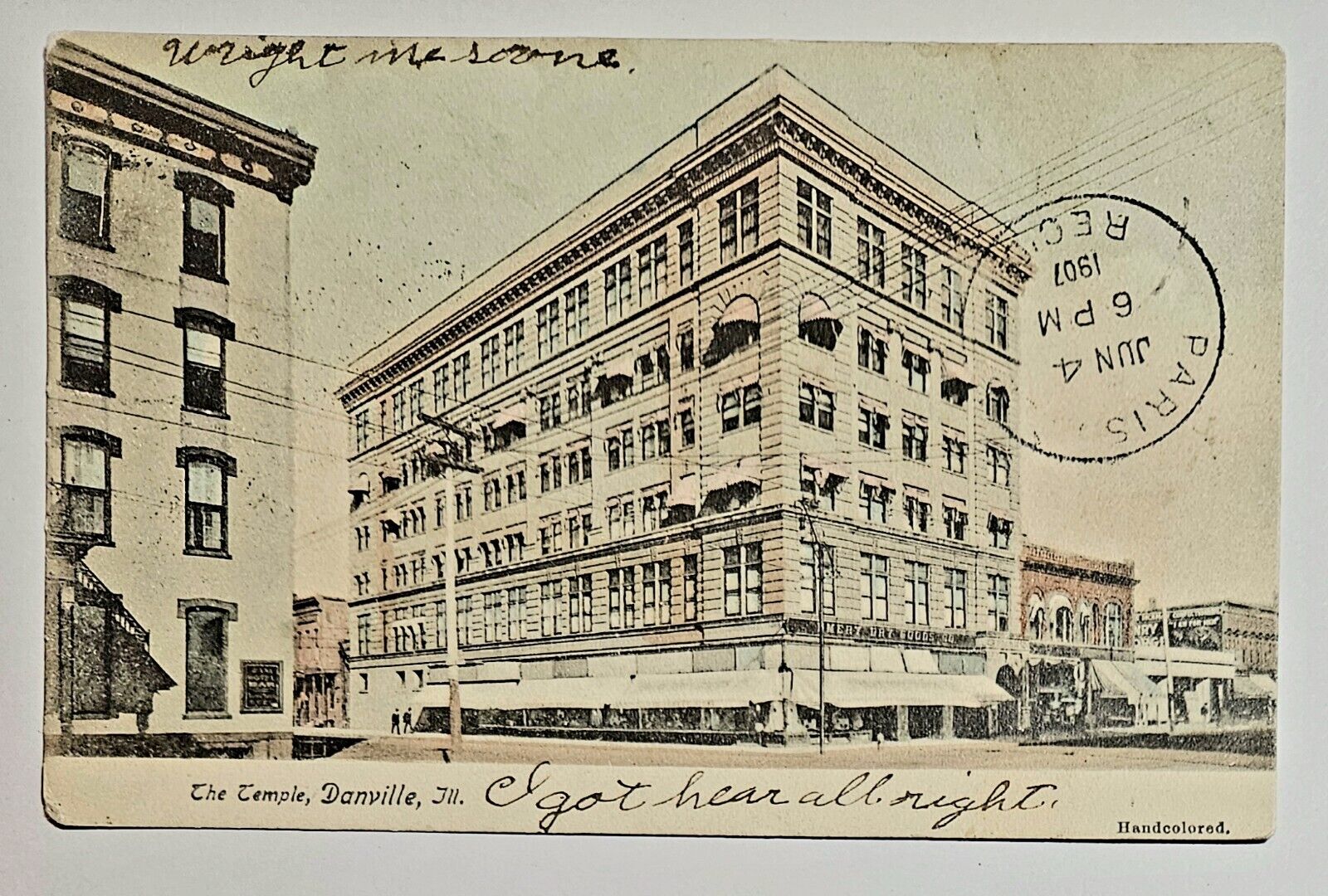 Vintage 1907 Danville, Illinois Postcard THE TEMPLE BUILDING AT NORTH&VERMILION
